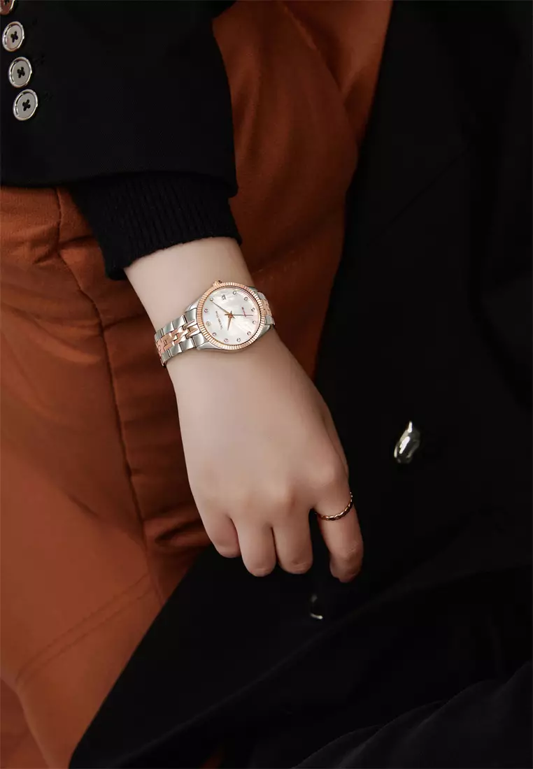 Women's Watch 32mm Round White River Scallops Dial Stainless Steel Strap Calendar Function Rose Mary- White