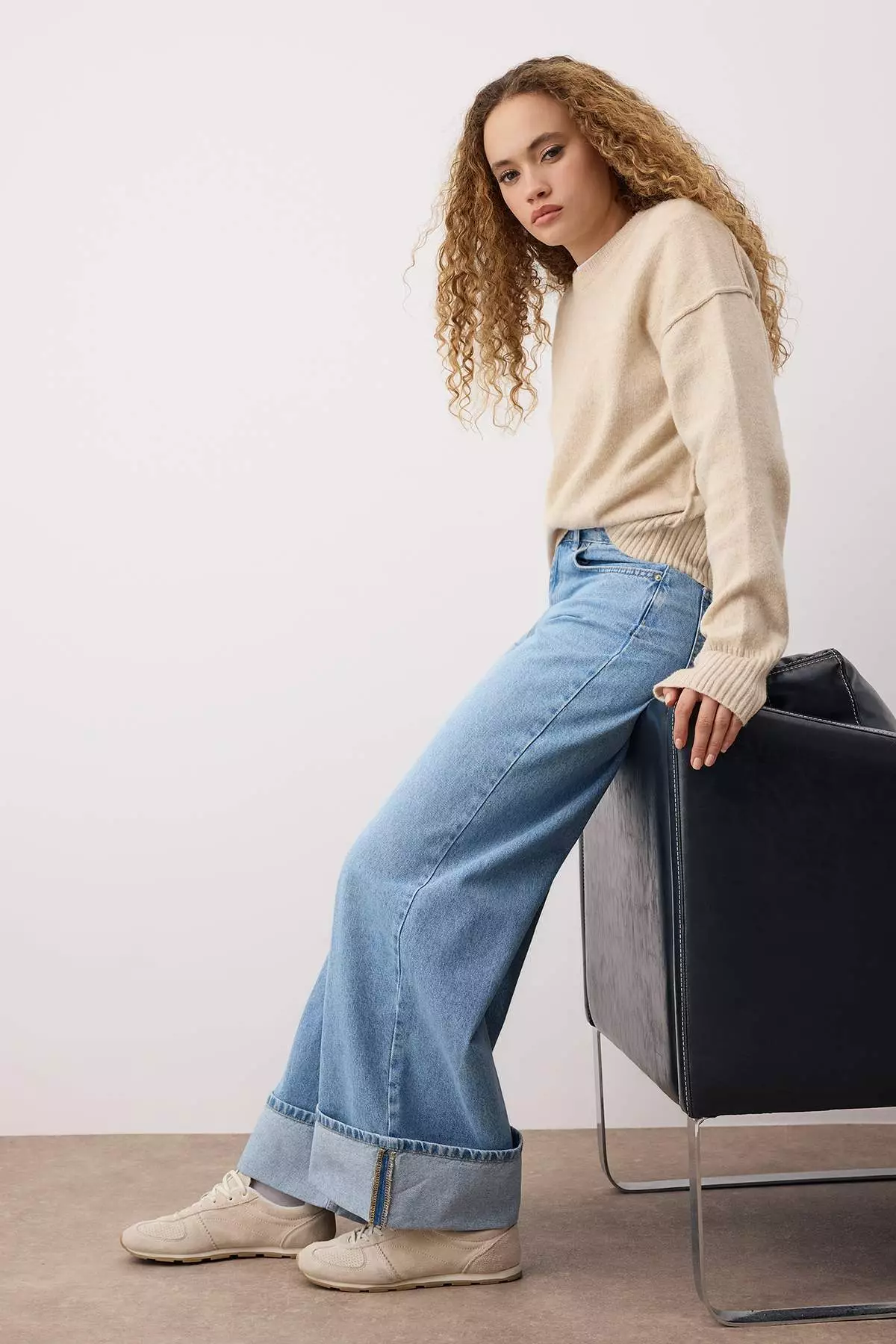 Blue Folded Leg Regular Waist Wide Leg Jeans