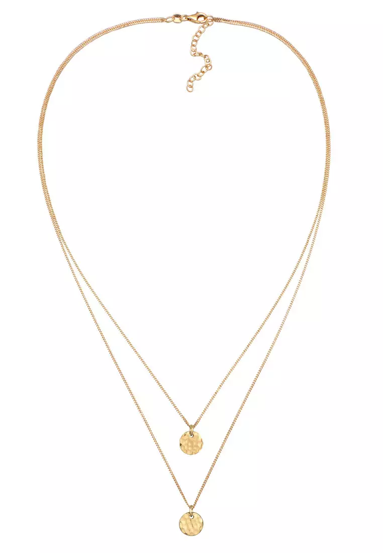 Kalung Perhiasan Perak 925 Wanita Layer Platelet Pendant Hammered Gold Plated