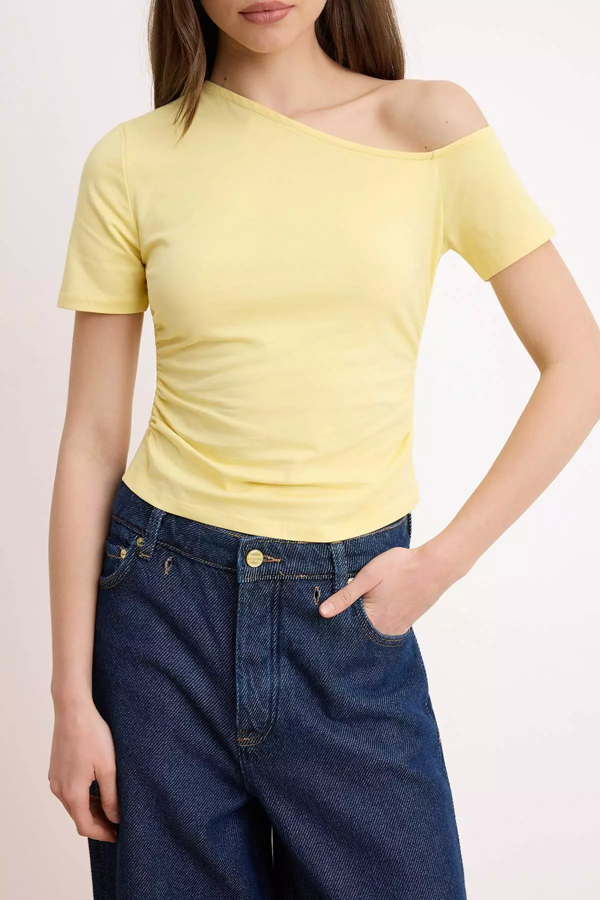 Light Yellow Shirred Asymmetric Neckline Stretchy Knitted Blouse Twoss24Bz73