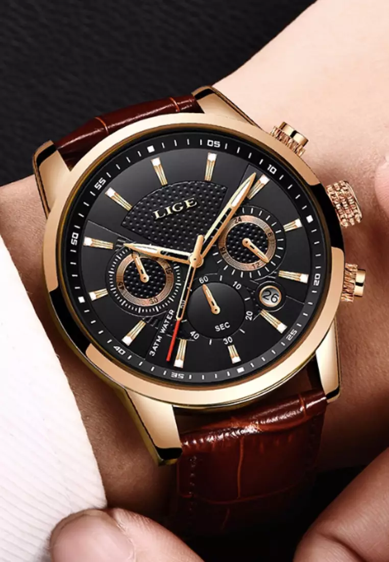 Chronograph Unisex Gold color finished Stainless Steel Quartz Watch 43mm, black dial, on Brown Leather Strap