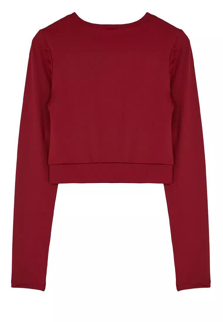 Burgundy Crop Window/Cut Out and Thumb Hole Detailed Knitted Sports Top/Blouse TWOAW22BZ0481