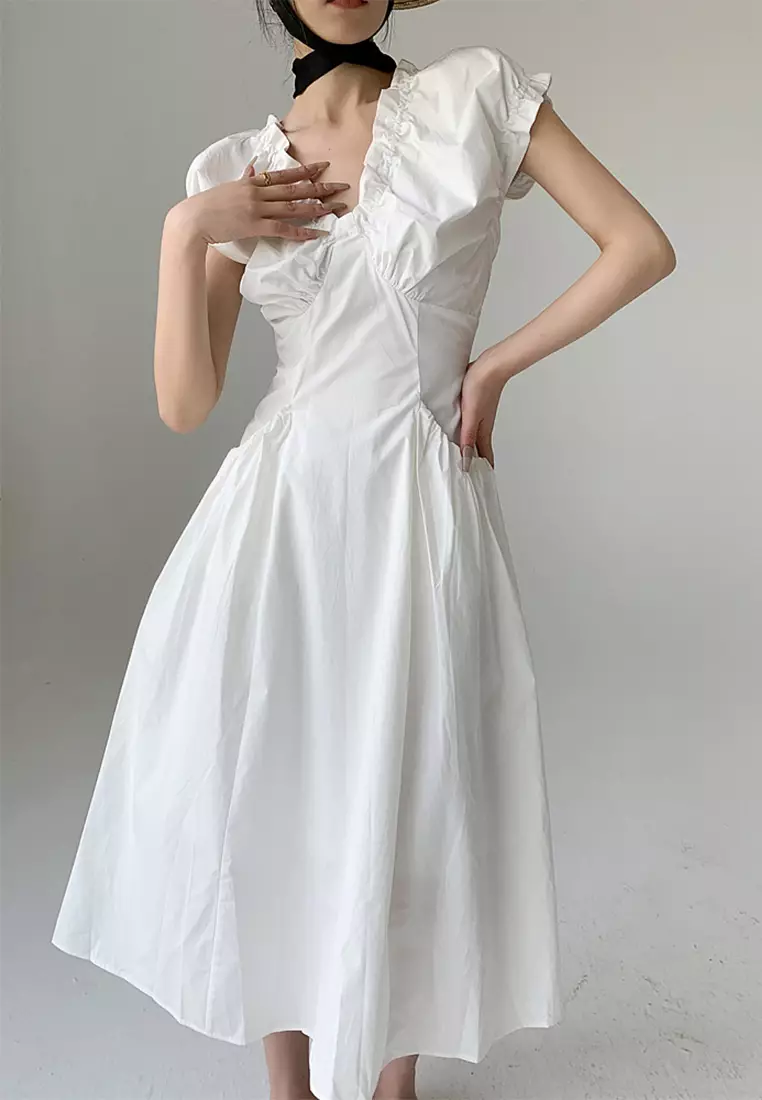 2025夏季法式v領泡泡袖連衣裙CA25061714W