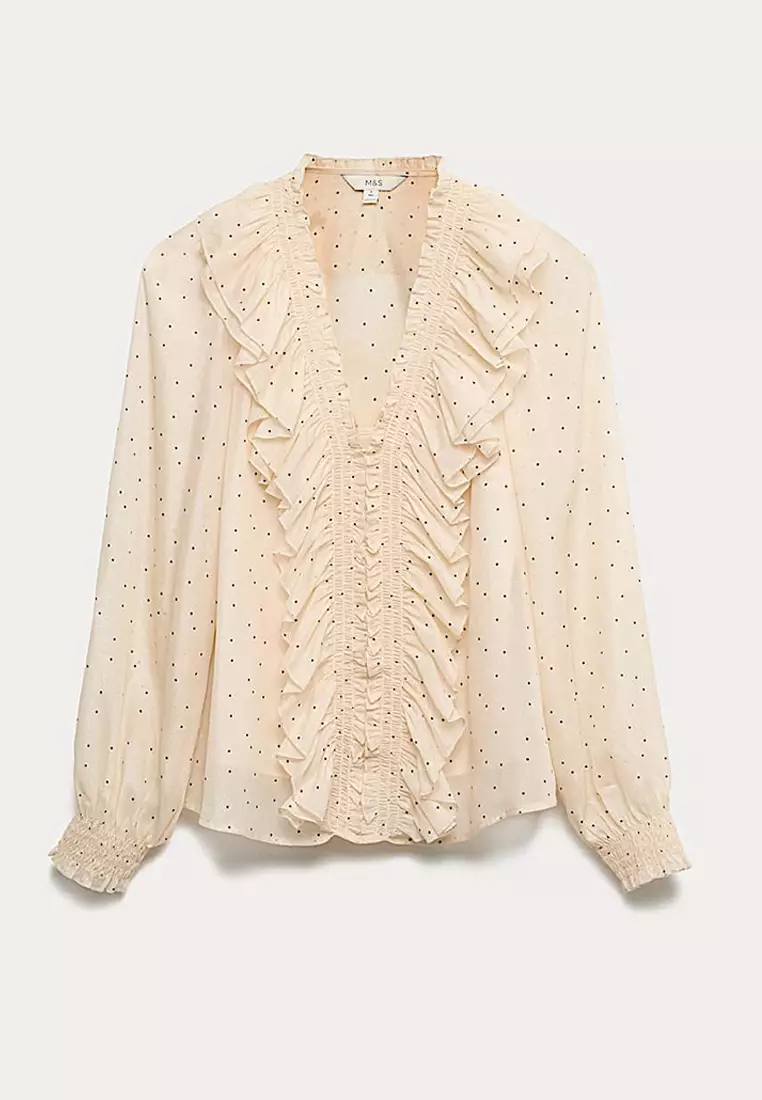 Polka Dot V-Neck Frill Detail Top