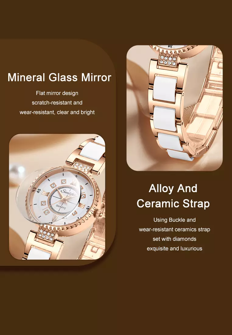 Jam Tangan Wanita Original 8013 Korea Santai Berlian Anti Air Tali keramik Jam Tangan Cewek rose white