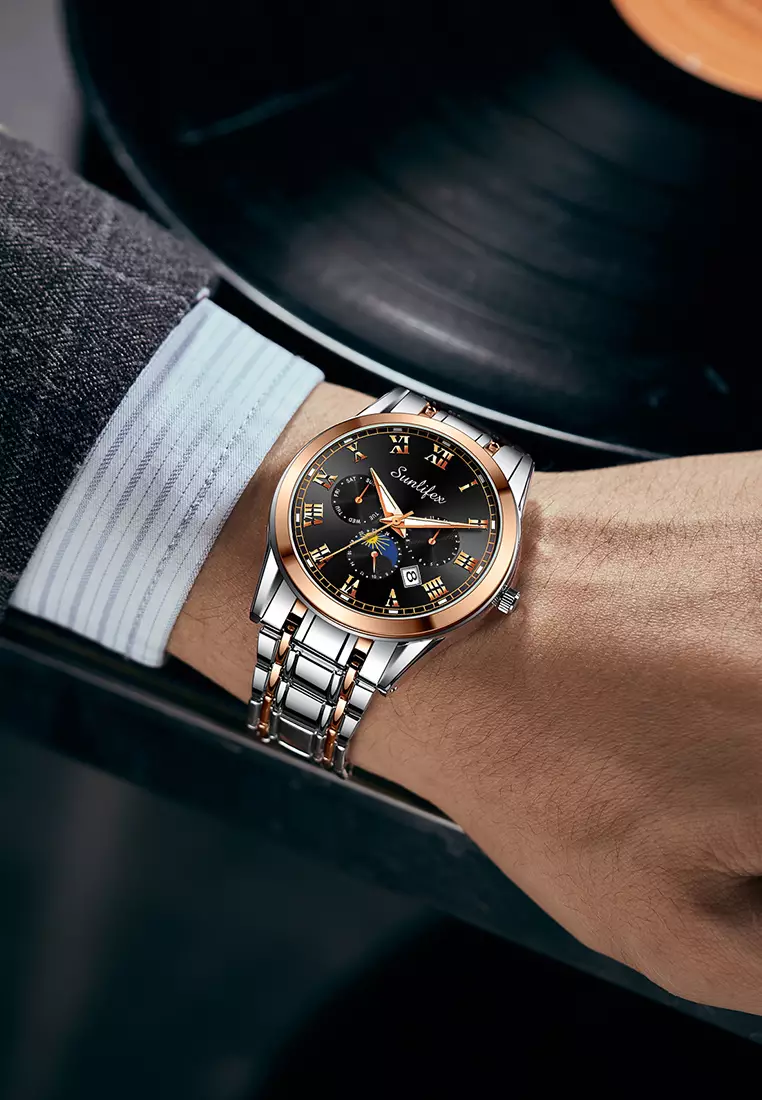 Jam Tangan Pria Tali Stainless Steel Anti Air Kuarsa Santai Mode Jam Tangan Cowok rose black