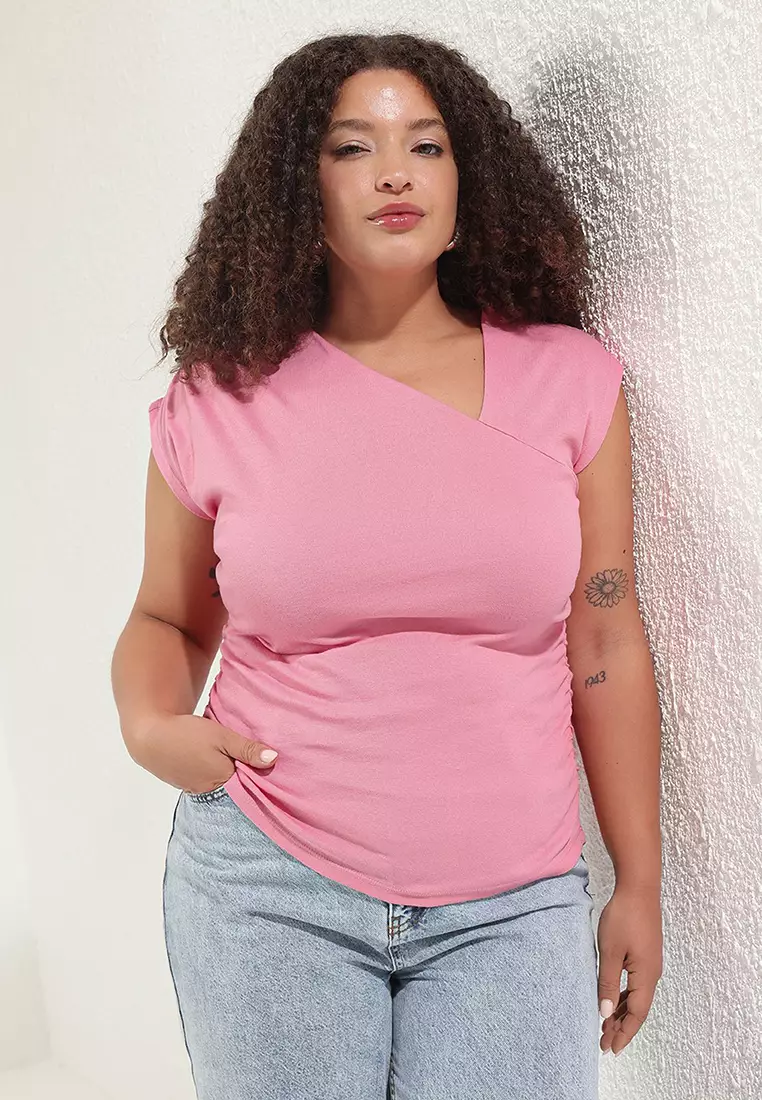 Pink Soft Fabric Asymmetrical Collar 100% Cotton Knitted Plus Size Blouse Tbbss25Af00002