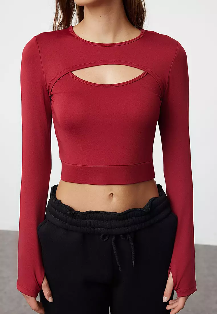 Burgundy Crop Window/Cut Out and Thumb Hole Detailed Knitted Sports Top/Blouse TWOAW22BZ0481