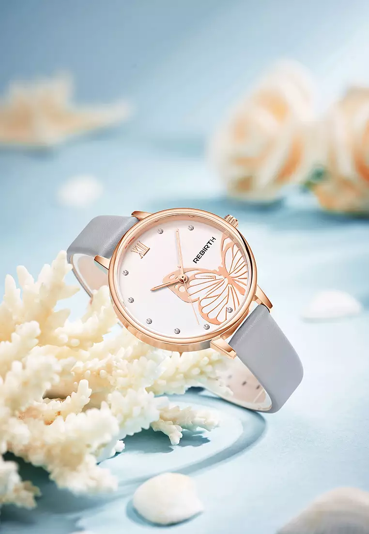 Jam Tangan Wanita Anggun Tali Kulit Display Kuarsa Tahan Air Jam Wanita Mode Jam Tangan Cewek greybutterfly
