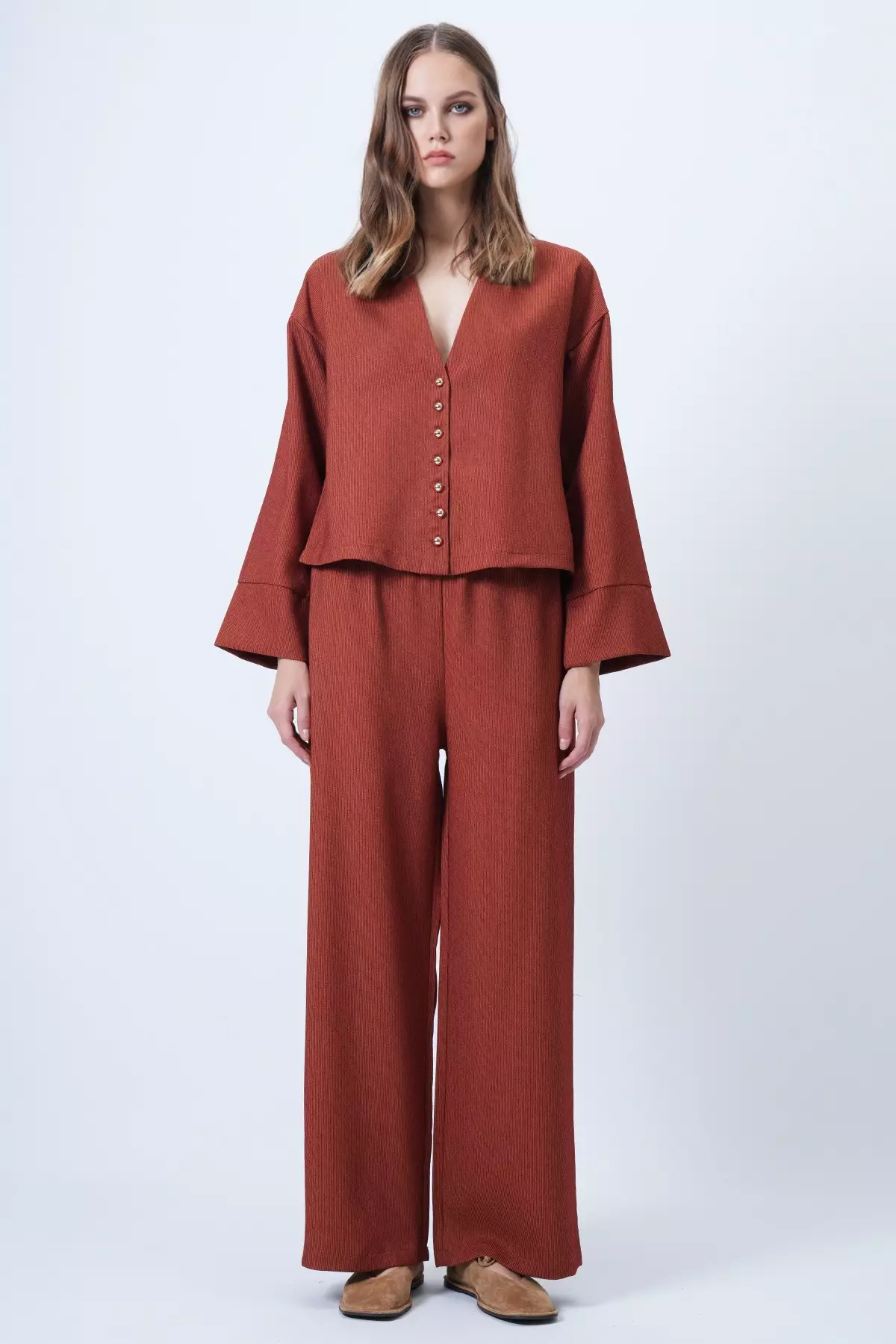 Kiremit Hakim Lapel Collar Gold Button Detailed Velvet Jacket And Palazzo Trousers Two-Piece Set Alc-X14633