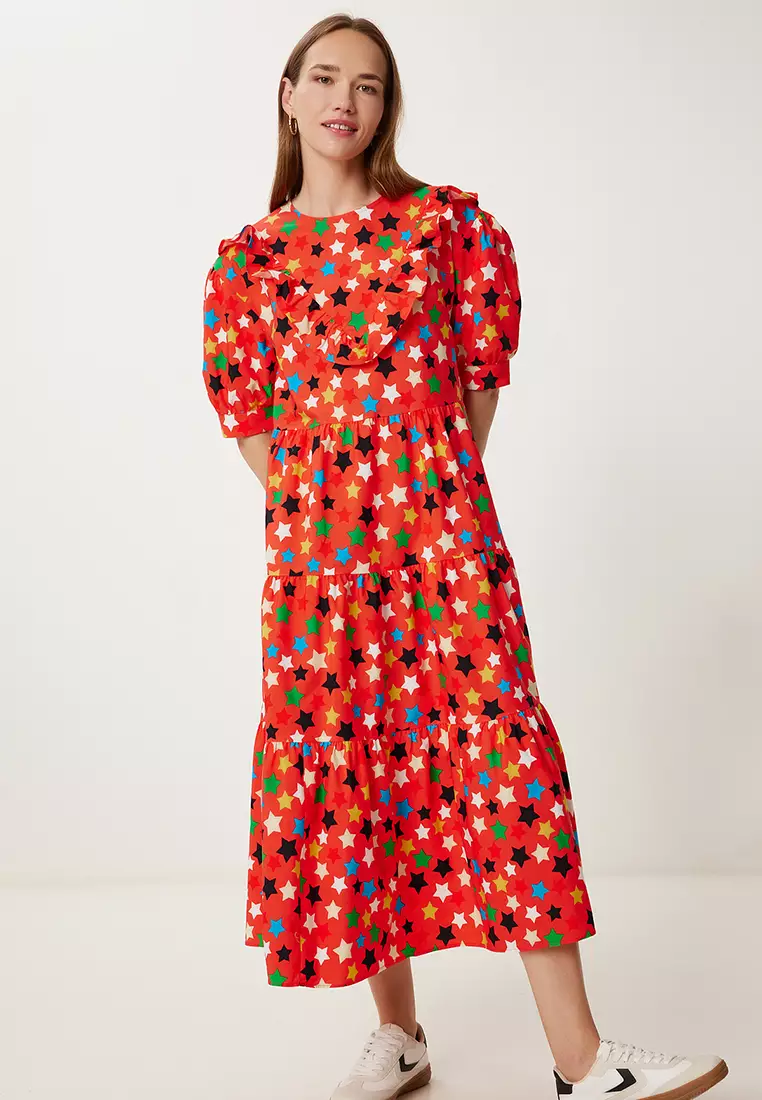 Women's Pomegranate Flower Patterned Summer Midi Poplin Dress Fk00032