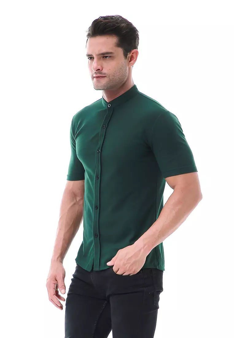 Leopold Atasan Pria Kemeja Kasual Slim Fit Lengan Pendek Motif Polos Material Cotton ORIGINAL - Green