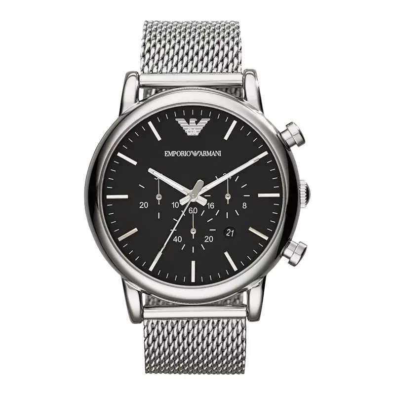 Jam Tangan Pria Emporio Armani AR1808 Chronograph Black Dial Silver Steel Mesh Strap