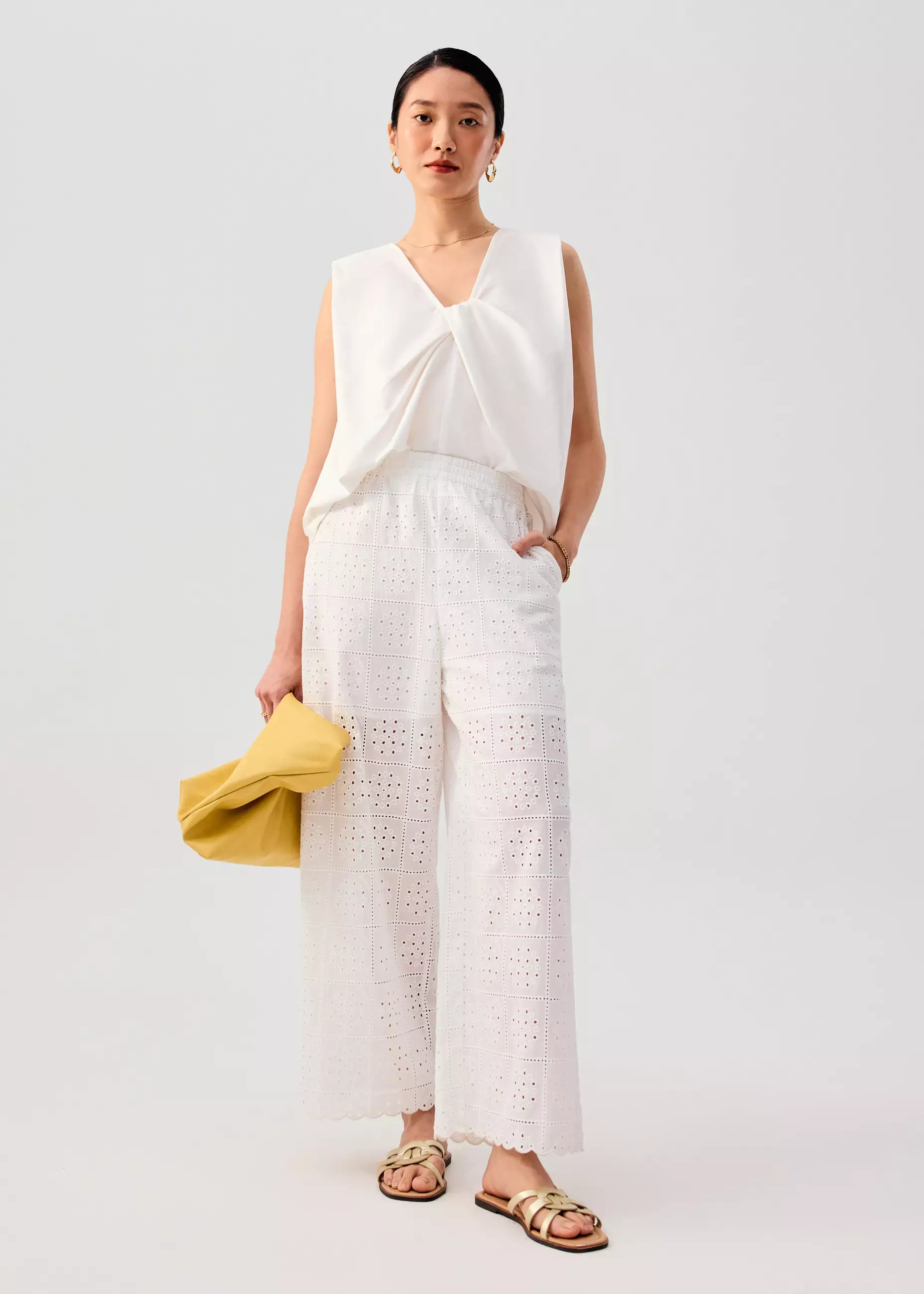 Celana Panjang Wanita - Elastic Cotton Broderie Mid Waist Straight Leg Pants