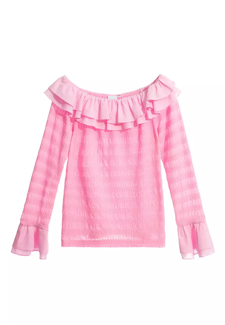 Double Layer Flounce Collar Pink Top