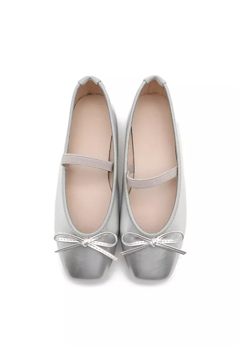 Erino Enamel Ribbon Maryjane Flats (1cm) - Silver