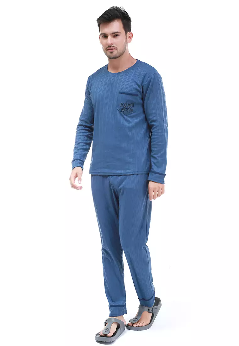Klicin Setelan Baju Tidur Piyama Pria Word Pockets One Set Sleepwear Pajamas Material Fabric ORIGINAL - Navy