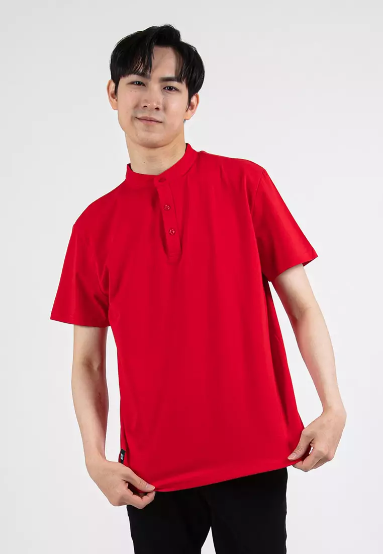 Forest Premium Weight Cotton Stretchable Mandarin Collar T Shirt Men Slim Fit Tee | 23856-51Red