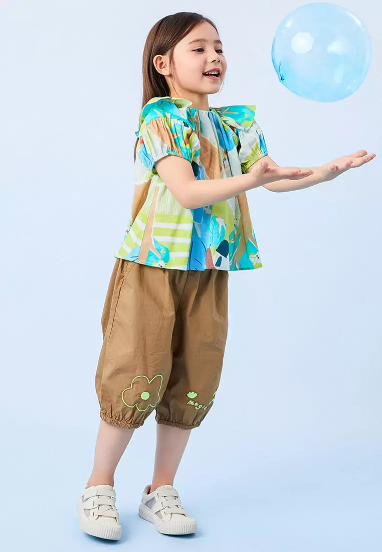 女大童短袖衬衫手绘印花荷叶边泡泡袖上衣