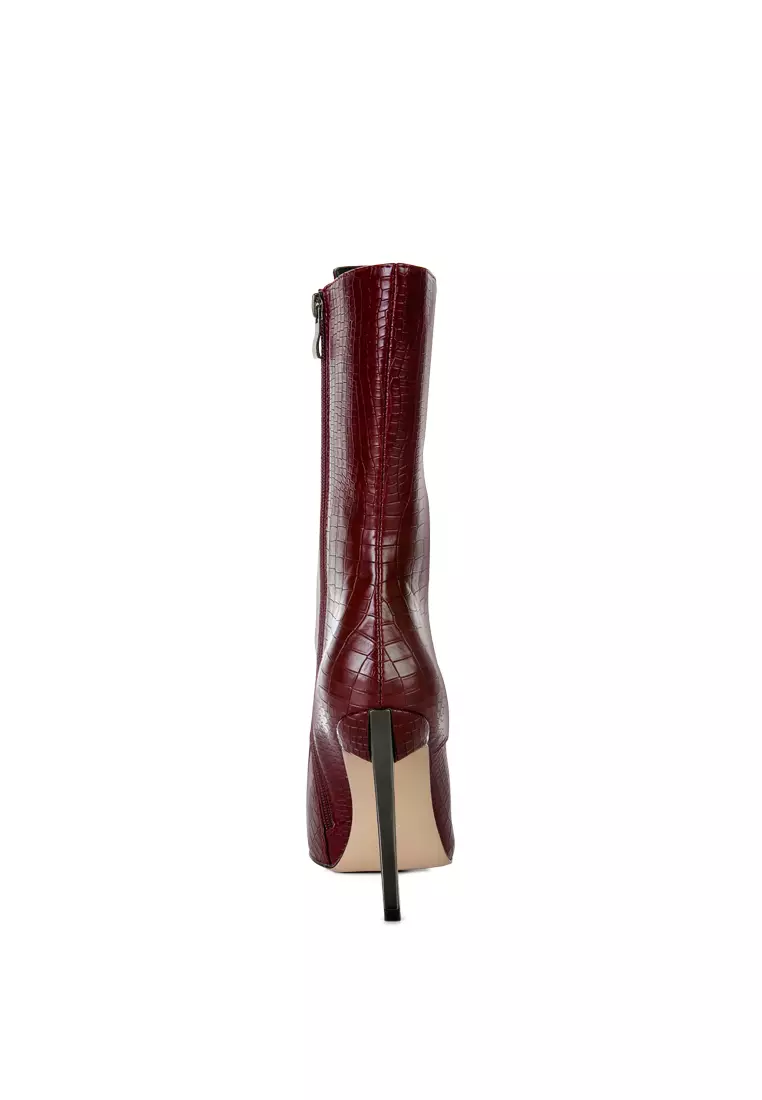 Croc Textured Over The Ankle Boots in Burgundy