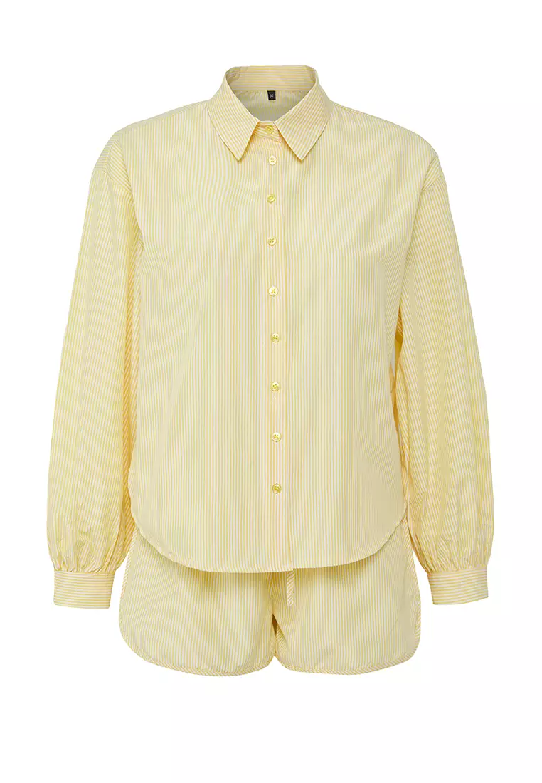 Yellow Striped Shirt Shorts Beach Set TBESS25AU00053