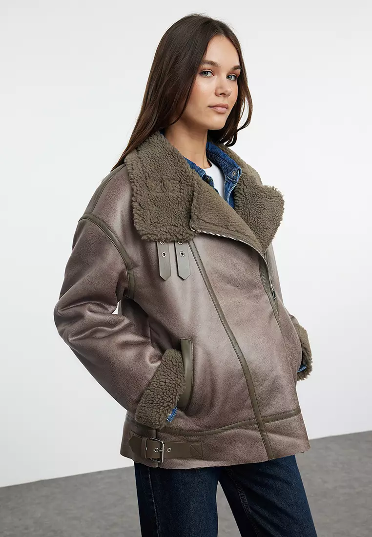 Mink Coat Collar with Belt Detail Plush Suede Biker Jacket Coat TWOAW25MO00011