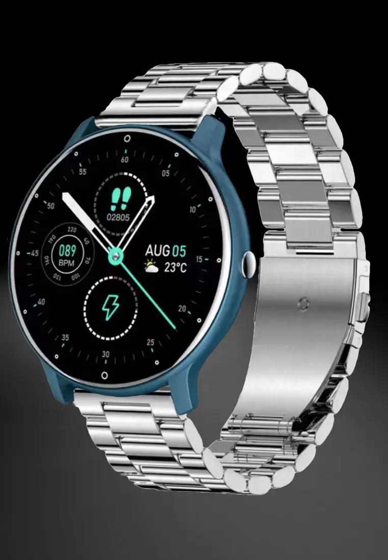 Unisex IOS/Android Blue SmartWatch with Stainless Steel Bracelet + 1 Free Blue Rubber Strap