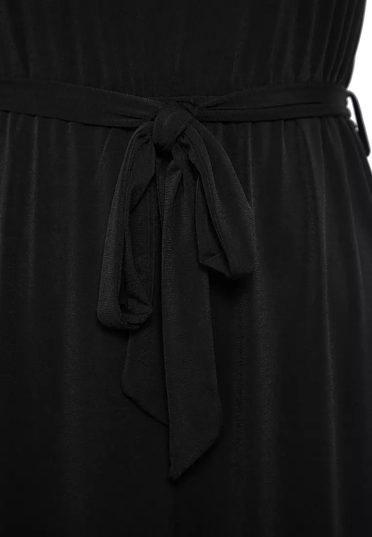 Black Tie Detail Midi V Neck Stretchy Knit Dress Tbbss25Ah00015