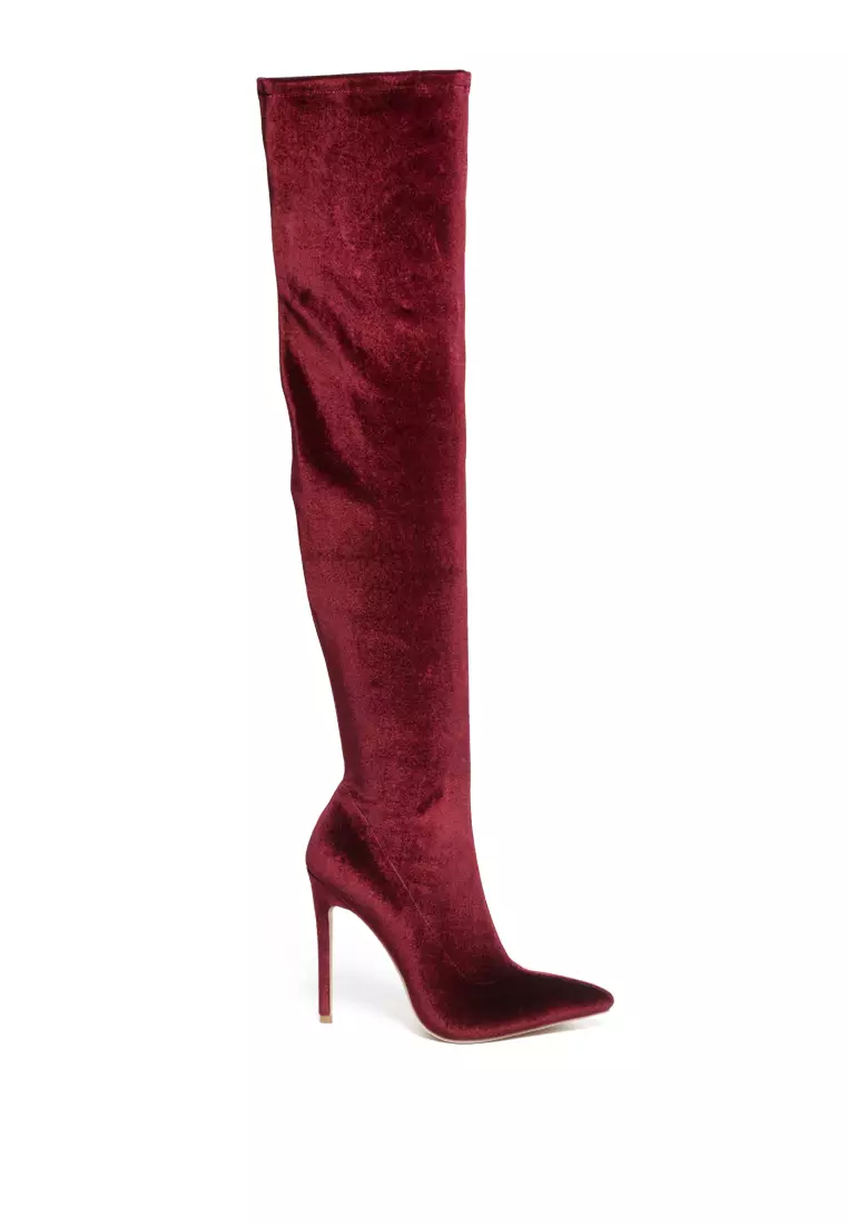Discount on London Rag  shoes - SKU: Stretch High Heel Velvet Boot In Burgundy