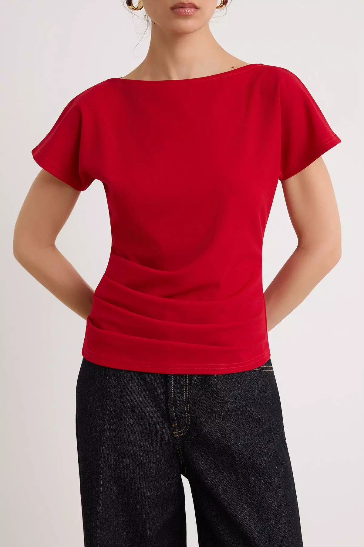 Red Fitted/Bodycon Boat Neck Low Shoulder Short Sleeve Scuba Crepe Knitted Blouse Twoss26Bz00080