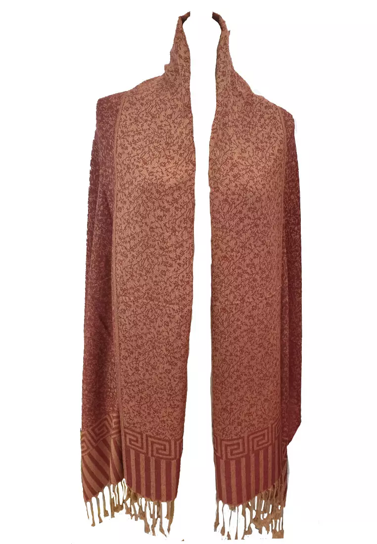 Reversible Viscose Floral Pattern Pashmina Shawl Syal Wanita Saffron Red