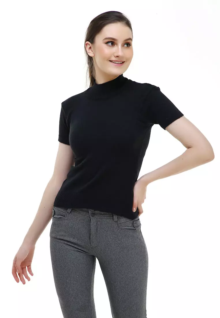 Earl Tshirt Lengan Pendek Turtleneck Design Simple Atasan Wanita - Hitam