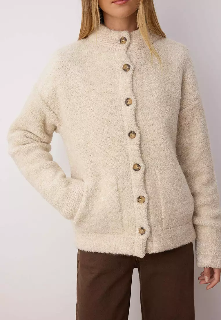 Beige Boucle/Textured Yarn Wide Pattern Coat-Look Knitwear Cardigan