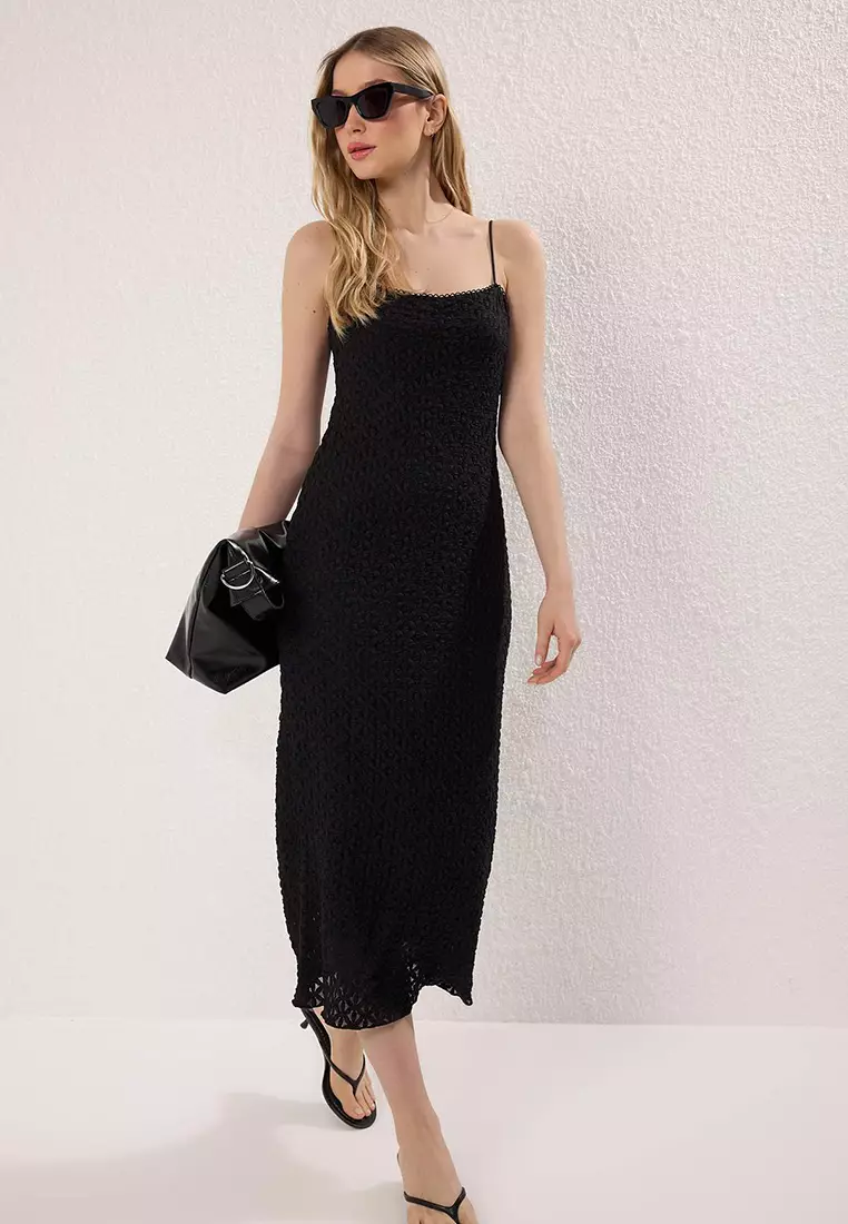 Black Lace Bodycone/Fitted Straps Midi Knitted Dress Twoss25El00533