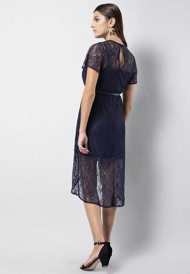 Navy Lace Ruched Midi Dress with Leather Belt