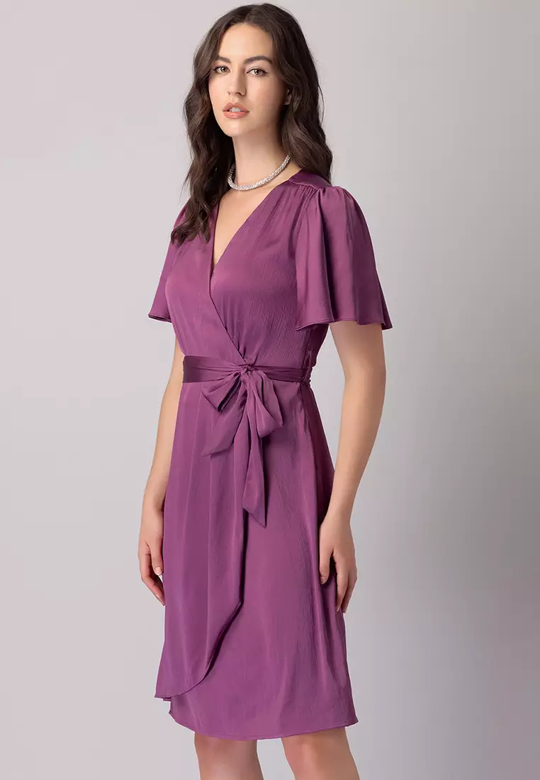 Pink Flared Sleeve Wrap Dress With Belt
