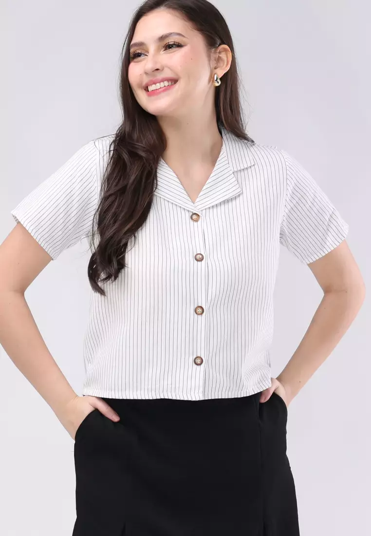 Cotton Stripes & Wrinkle Linen Short Sleeves Terno Skort