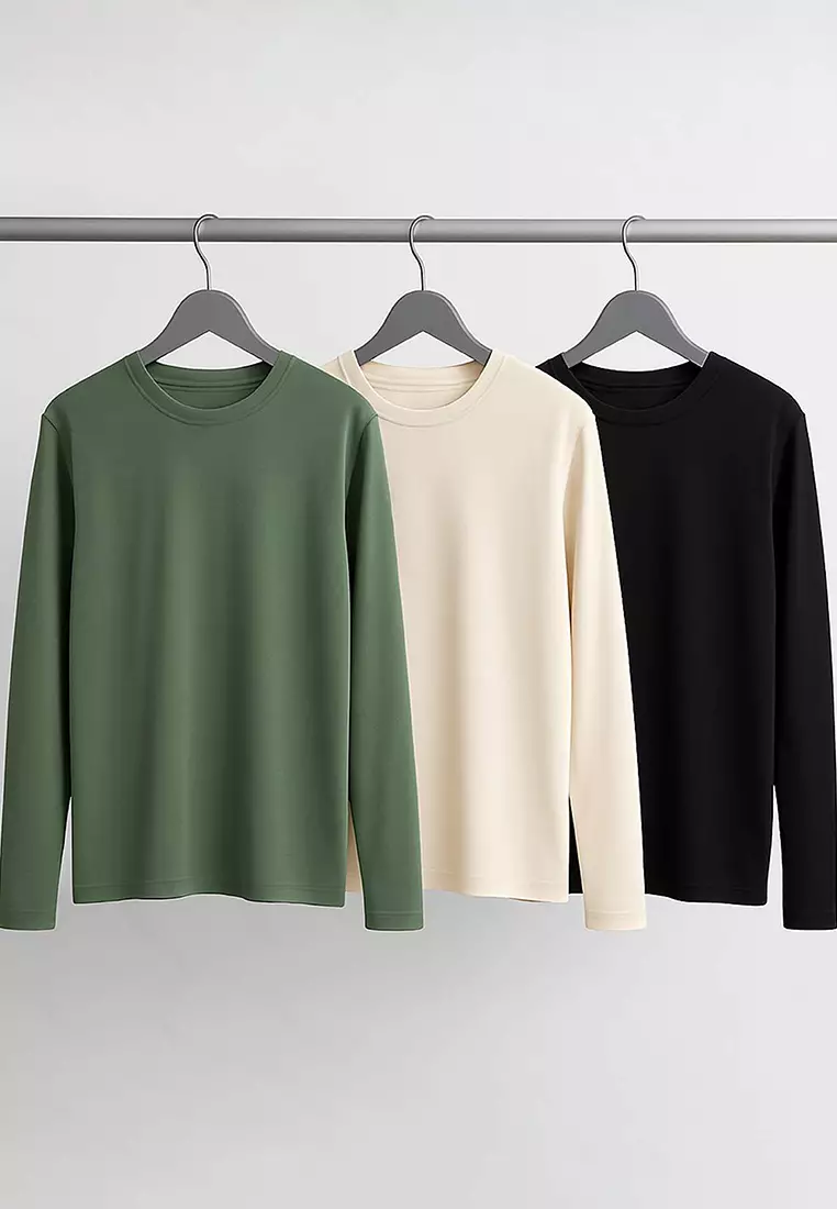 Black-Beige-Dark Green Regular/Normal Long Sleeve 3-Pack Basic T-Shirt