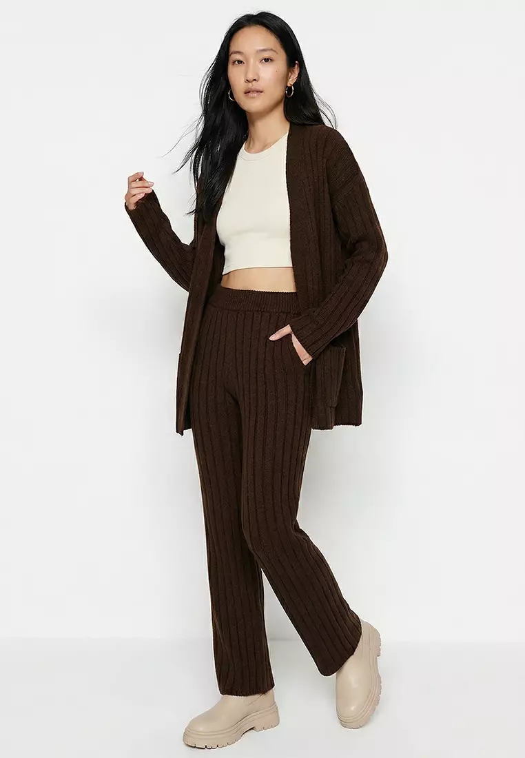 Brown Wide fit Soft Textured Knitwear Top-Top Set TWOAW22AU0128
