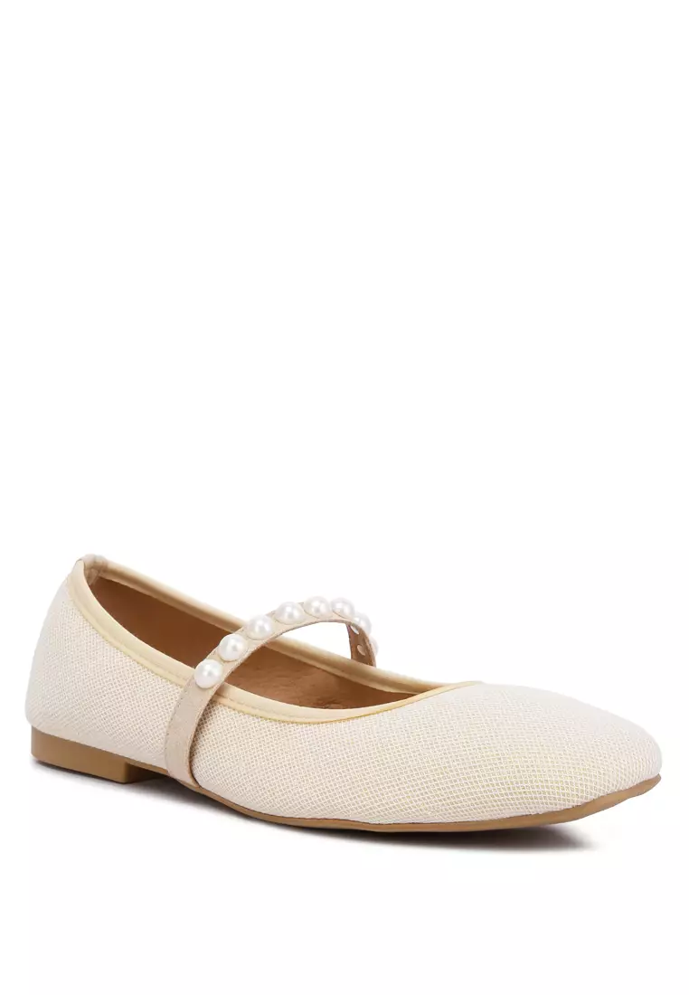 Flat Balerina Berhias Mutiara Krem