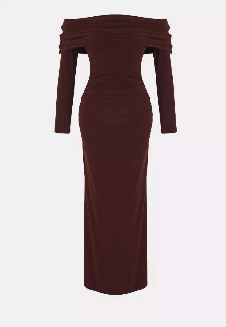 Ruched Carmen Collar Maxi Dress