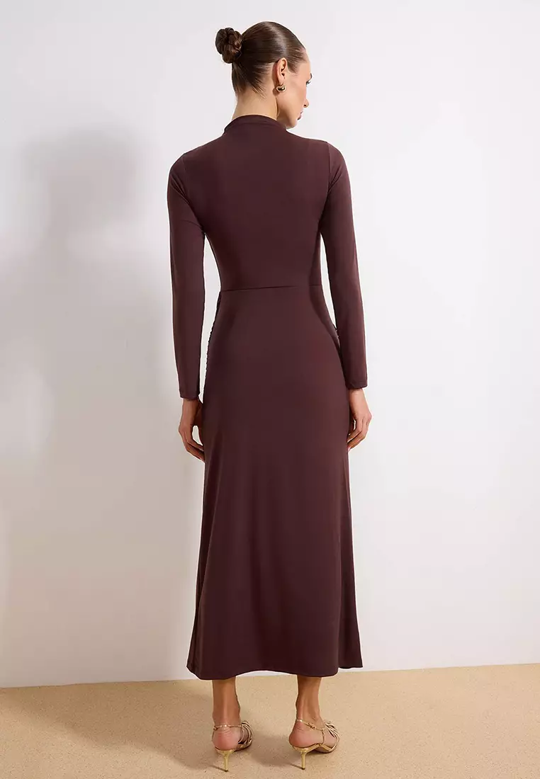 Brown Unlined Plain Knitted Buckle Detail Sandy Hijab Dress Tctss26Eb00058