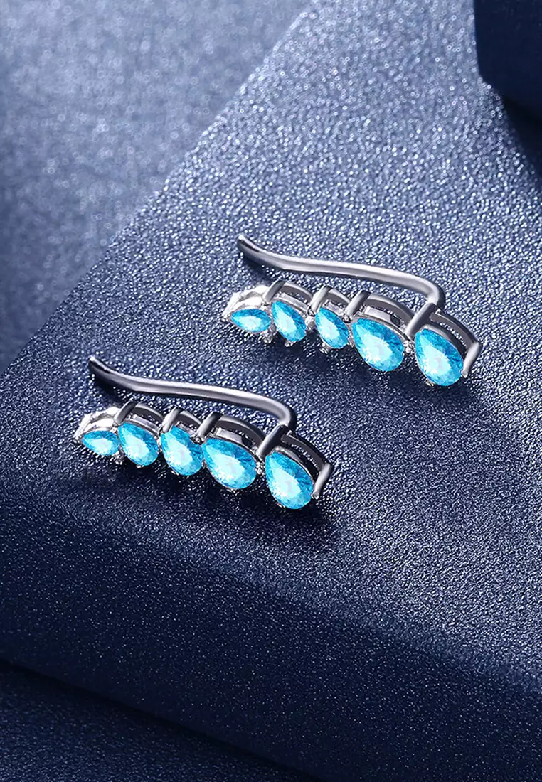 Solid 925 Sterling Silver Ocean Blue Wave Hook Earrings
