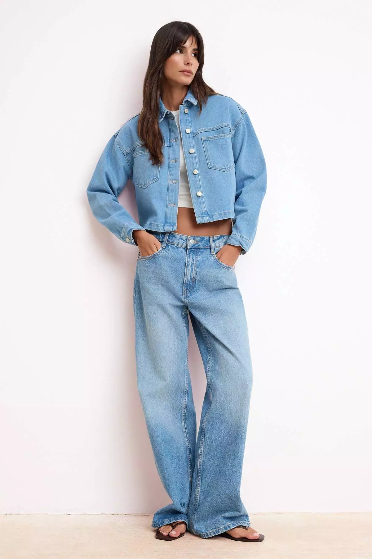 Blue Crop/Short Fit Basic 1% Cotton Denim Jacket Twoss26Ce37