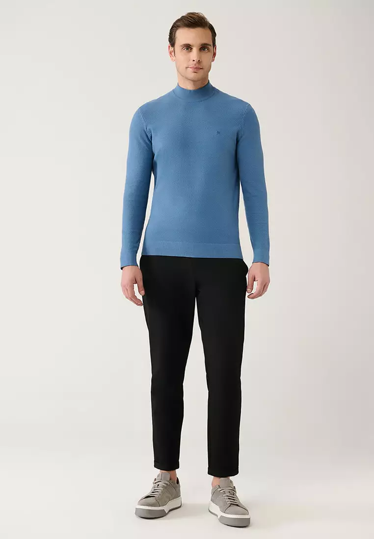 Men's Blue Half Turtleneck Textured Collar Knitwear Sweater A32Y5166