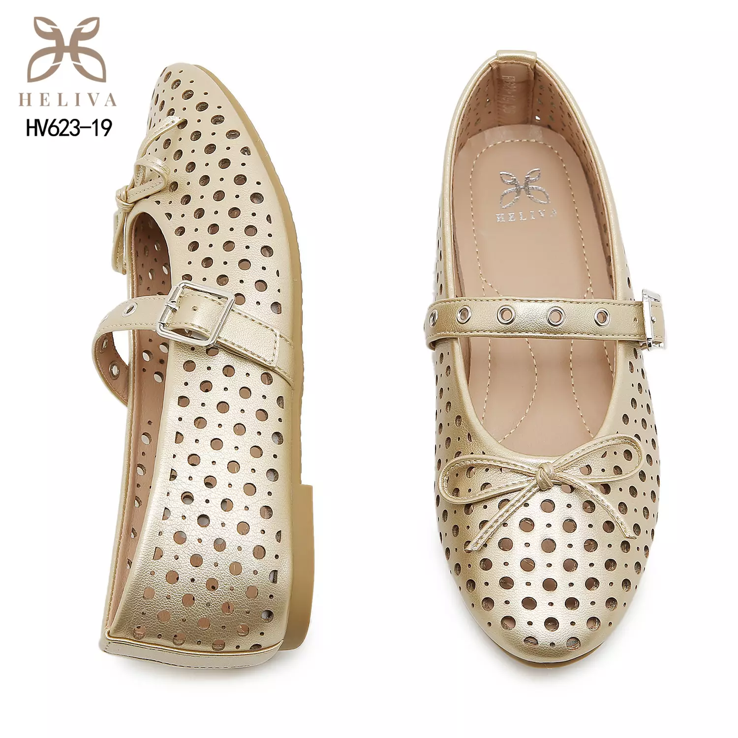 HELIVA SENIA Romantic Mary Jane Flats with Artistic Laser Pattern & Bow HV623-19