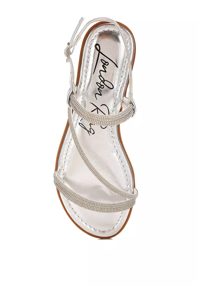 Rhinestone Strappy Flat Sandals in Silver
