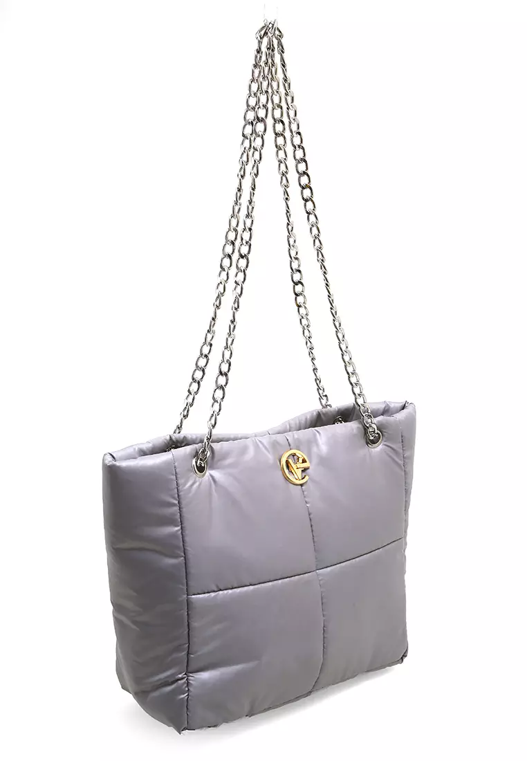 Reina Puffy Bag Two Ropes Smooth Shiny And Plain - Silver PVC