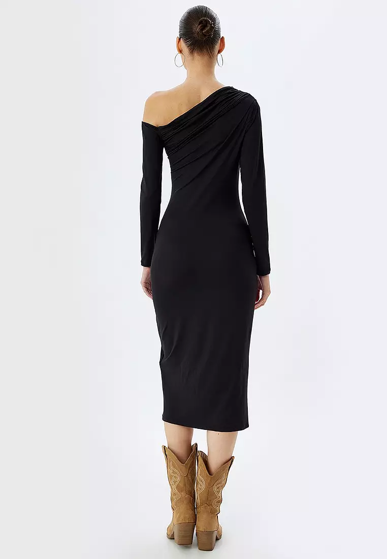 Asymmetrical Ruched Midi Dress