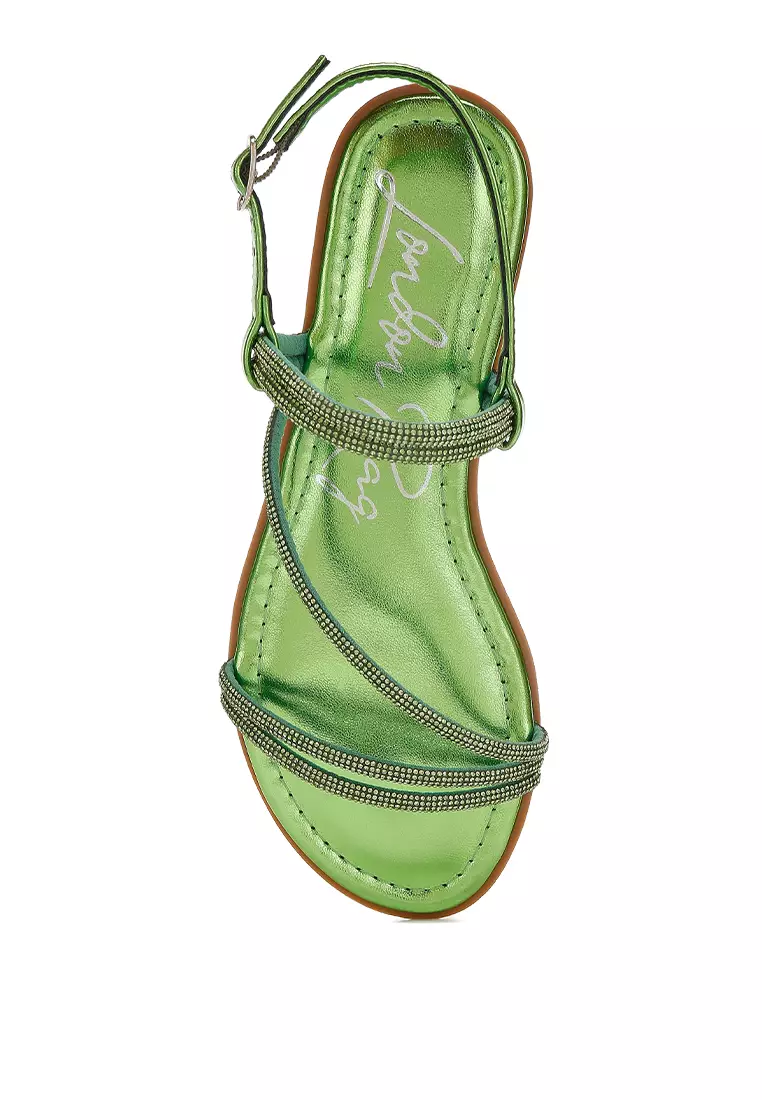 Rhinestone Strappy Flat Sandals in Green